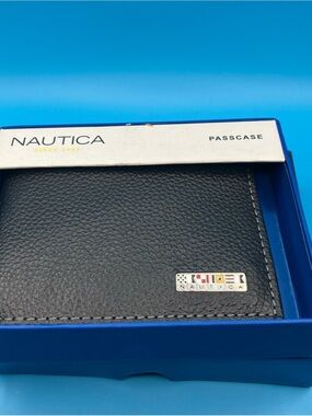 Nautica Black Pebbled Leather Passcase Wallet with Logo Plaque